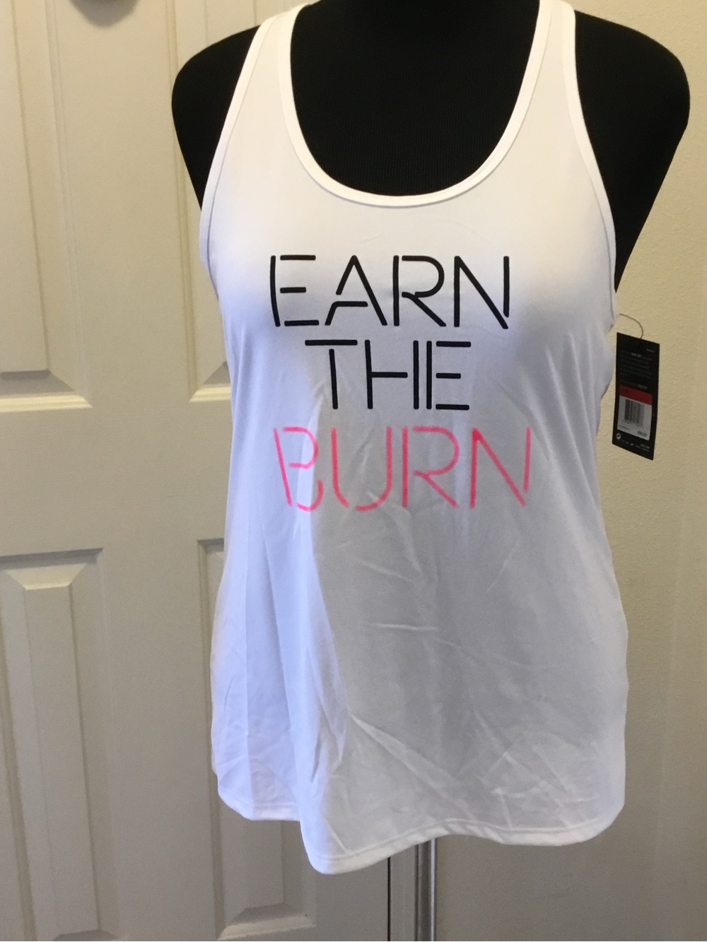 Nike White Racerback Tank with Black and Pink 'Earn The Burn' Graphic - Women